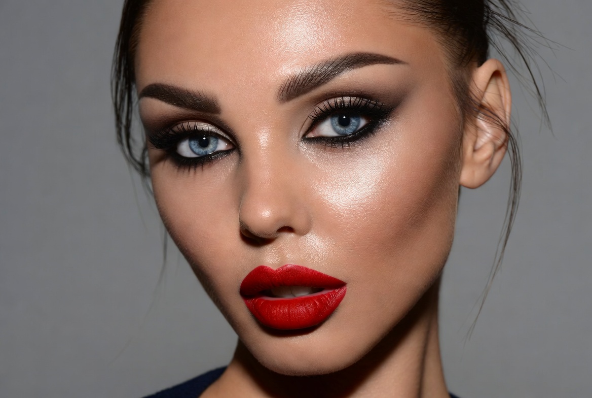 Woman with bright makeup and dark background Woman with bright makeup and dark background