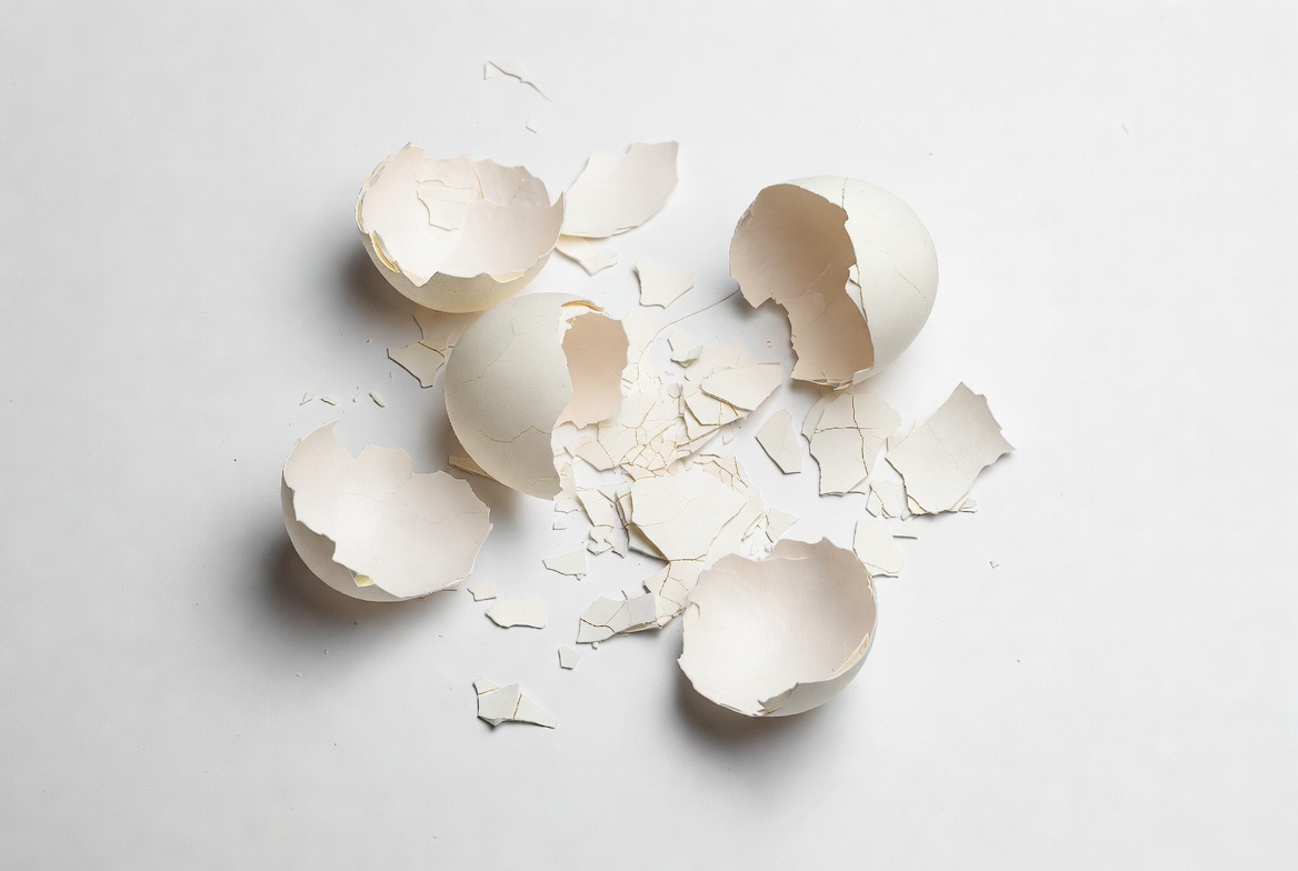 Broken eggshells on a white surface Broken eggshells on a white surface