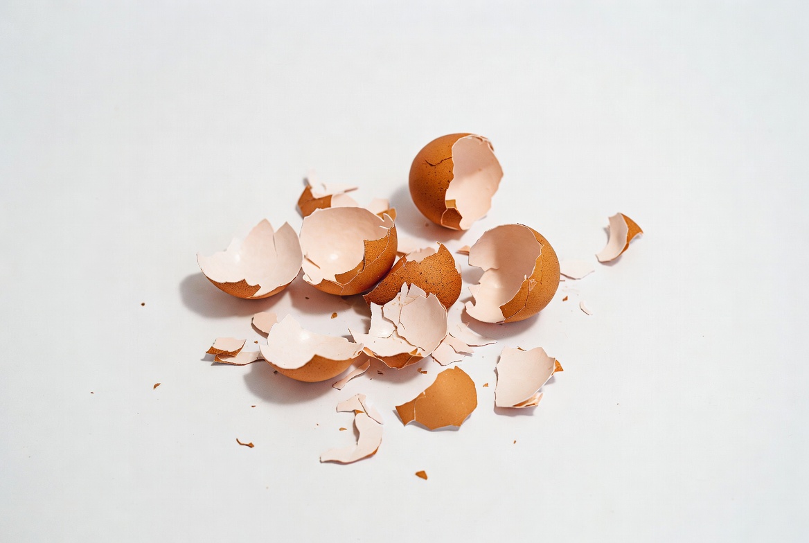 Brown eggshells on a white surface Brown eggshells on a white surface