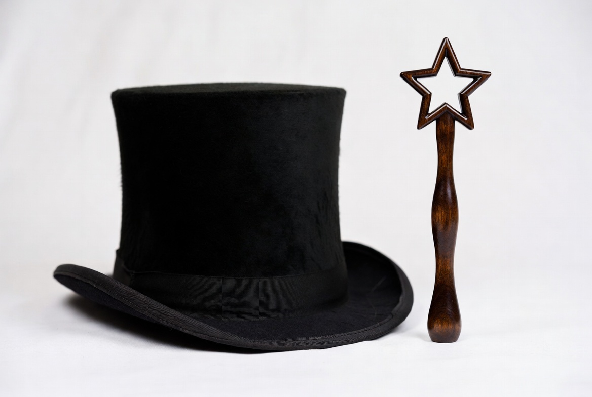 Magician hat and wand on white backdrop Magician hat and wand on white backdrop