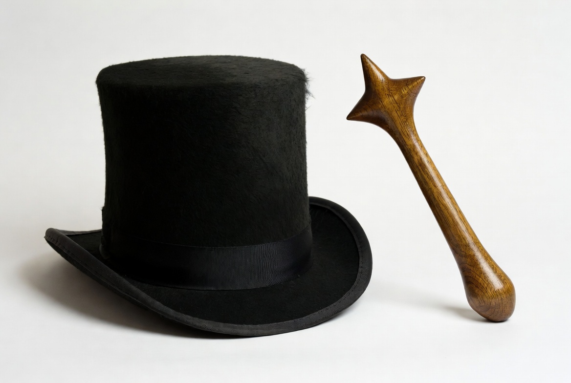 Black top hat and wooden wand on white Black top hat and wooden wand on white