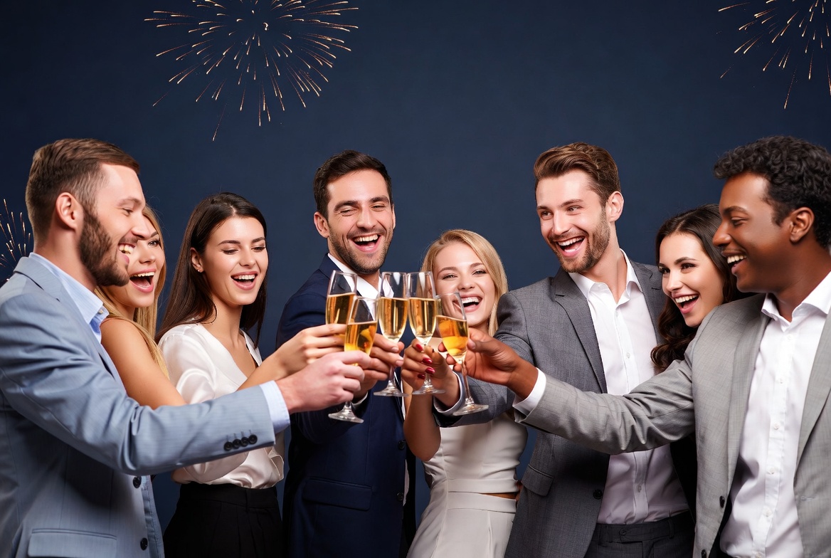 Group cheers at celebration event Group cheers at celebration event