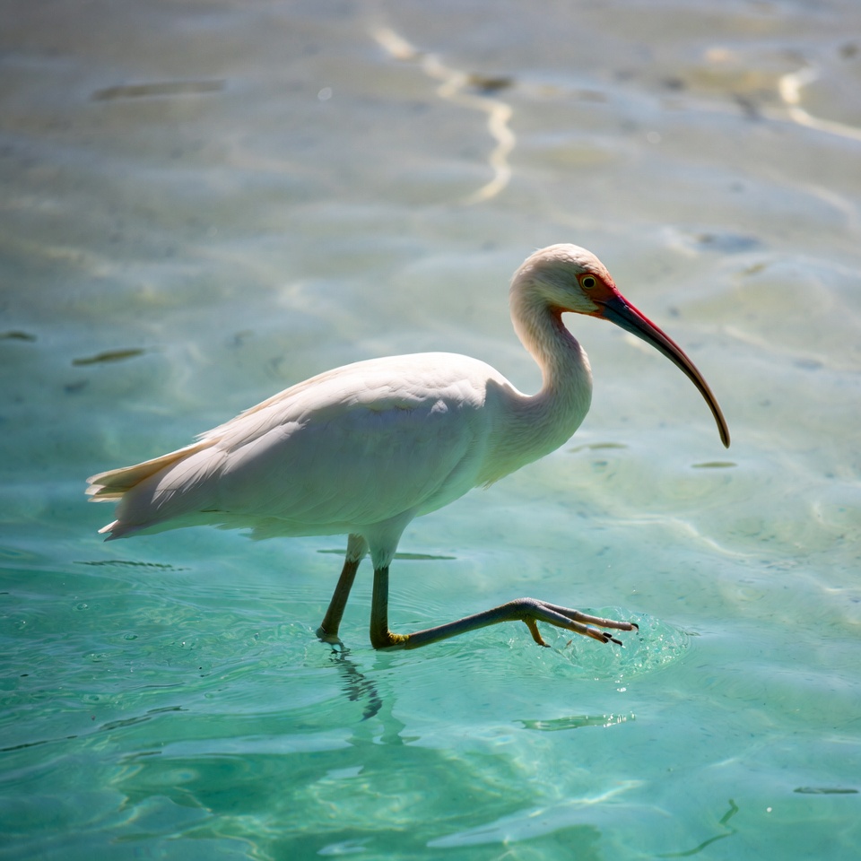 White bird walking in shallow water White bird walking in shallow water