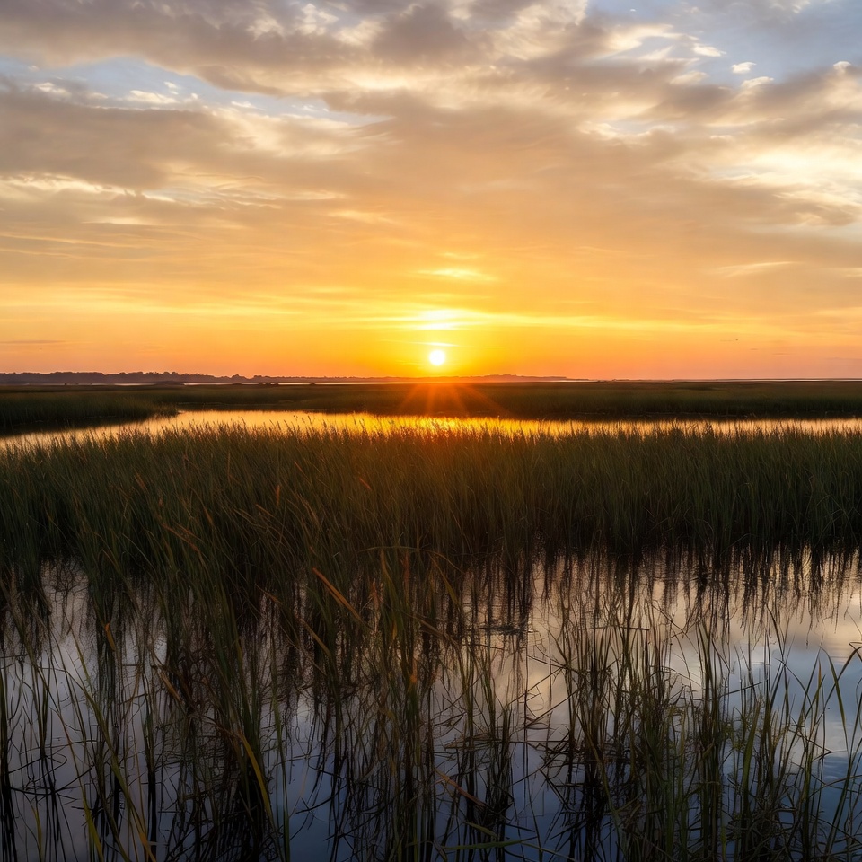 Sunset over marshland with reflection Sunset over marshland with reflection