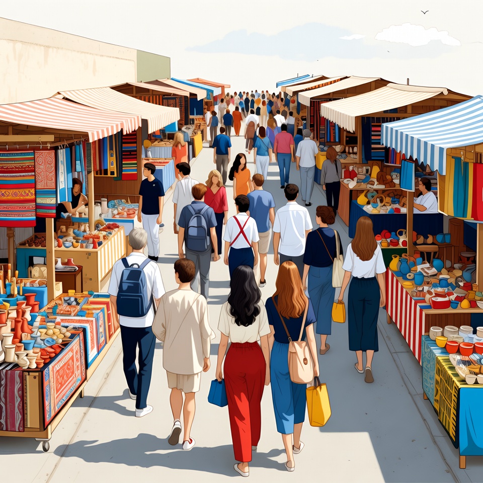 Busy market day with shoppers walking Busy market day with shoppers walking