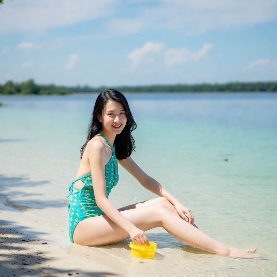 Woman sits by the water Woman sits by the water