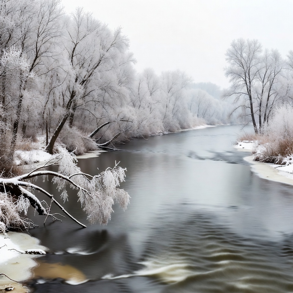 Winter river scene with frost and trees Winter river scene with frost and trees