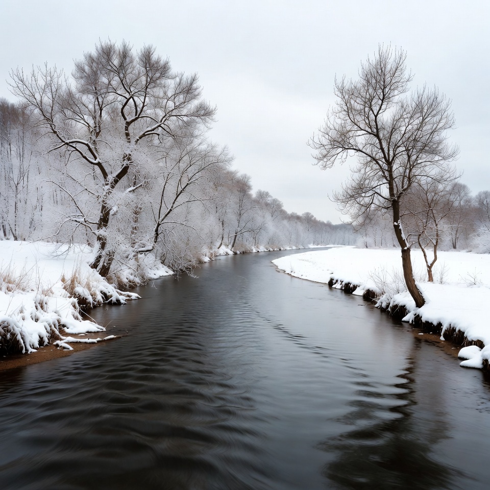Snowy trees by winter riverbank Snowy trees by winter riverbank