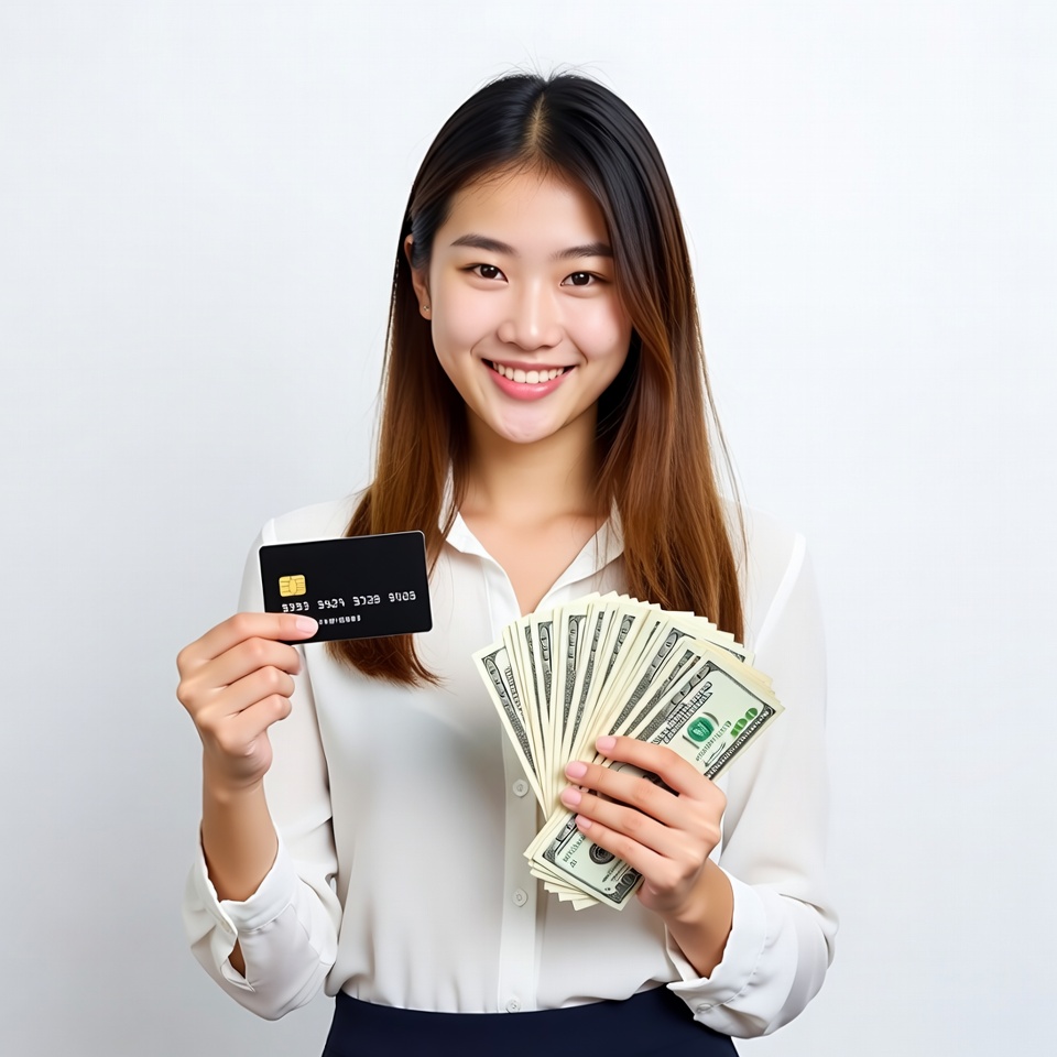 Young woman holds cash and card Young woman holds cash and card