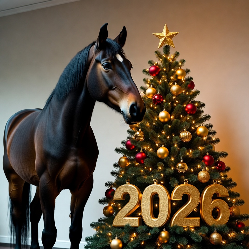 Black horse beside christmas tree with 2026 Black horse beside christmas tree with 2026