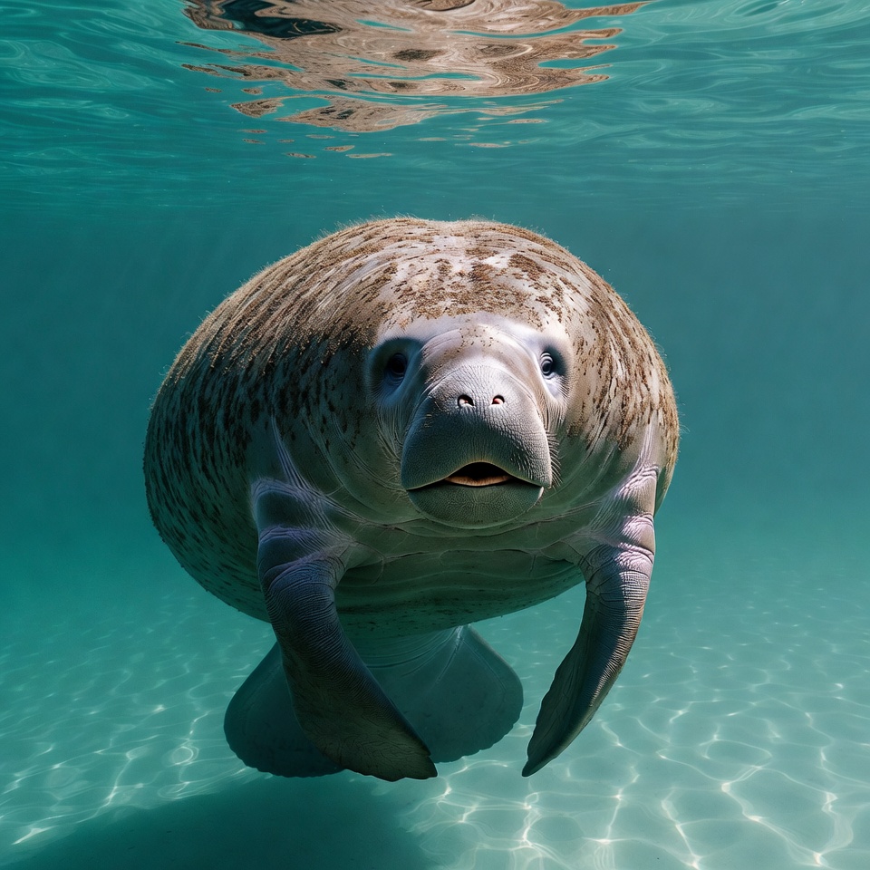 Manatee swims in clear water Manatee swims in clear water