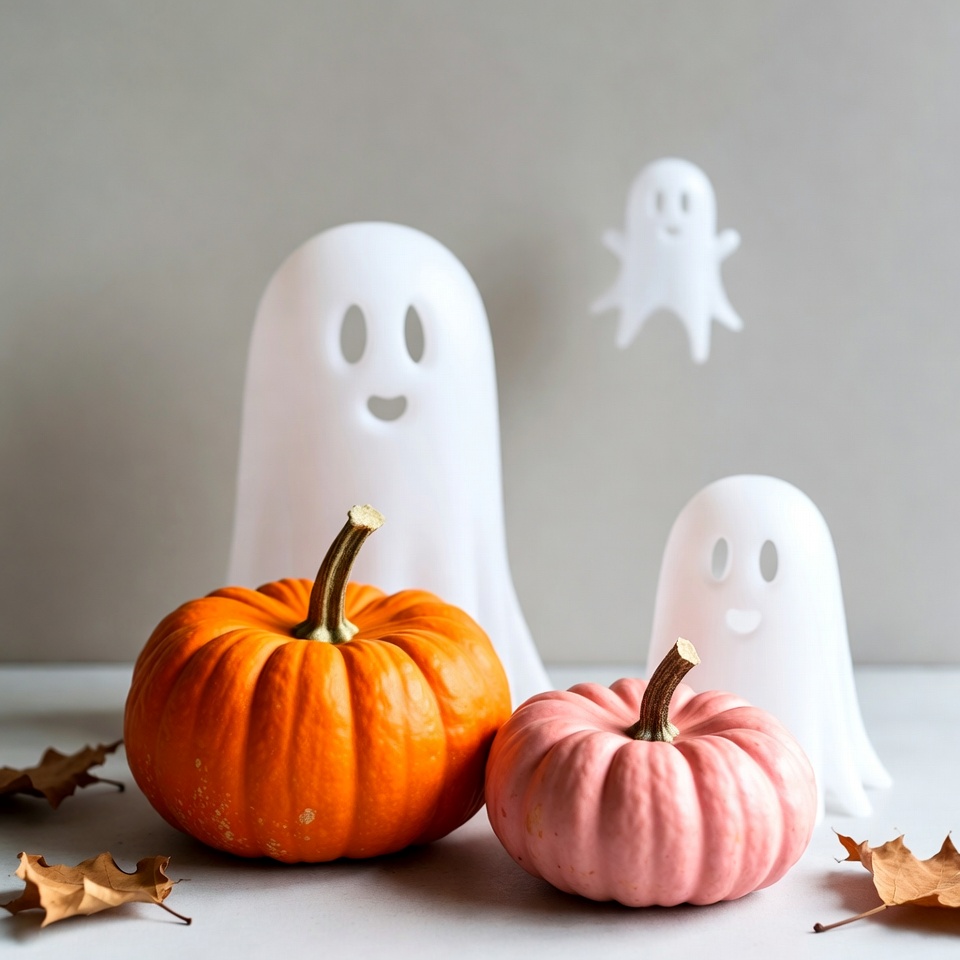 Ghosts and pumpkins in autumn setting Ghosts and pumpkins in autumn setting