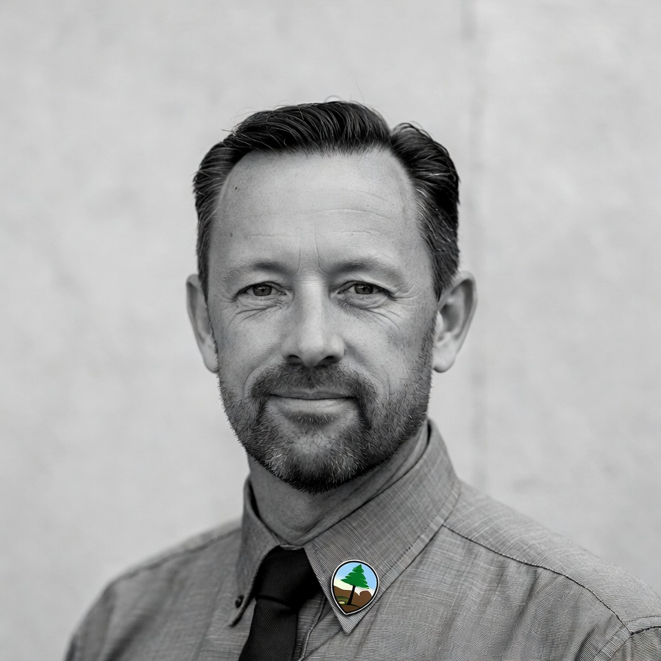 Man in gray shirt with badge Man in gray shirt with badge