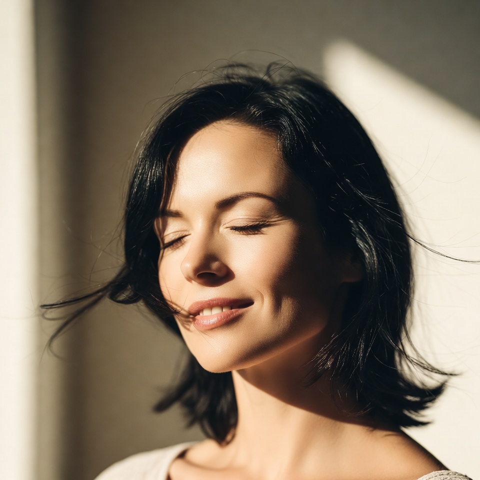 Woman basks in sunlight indoor Woman basks in sunlight indoor