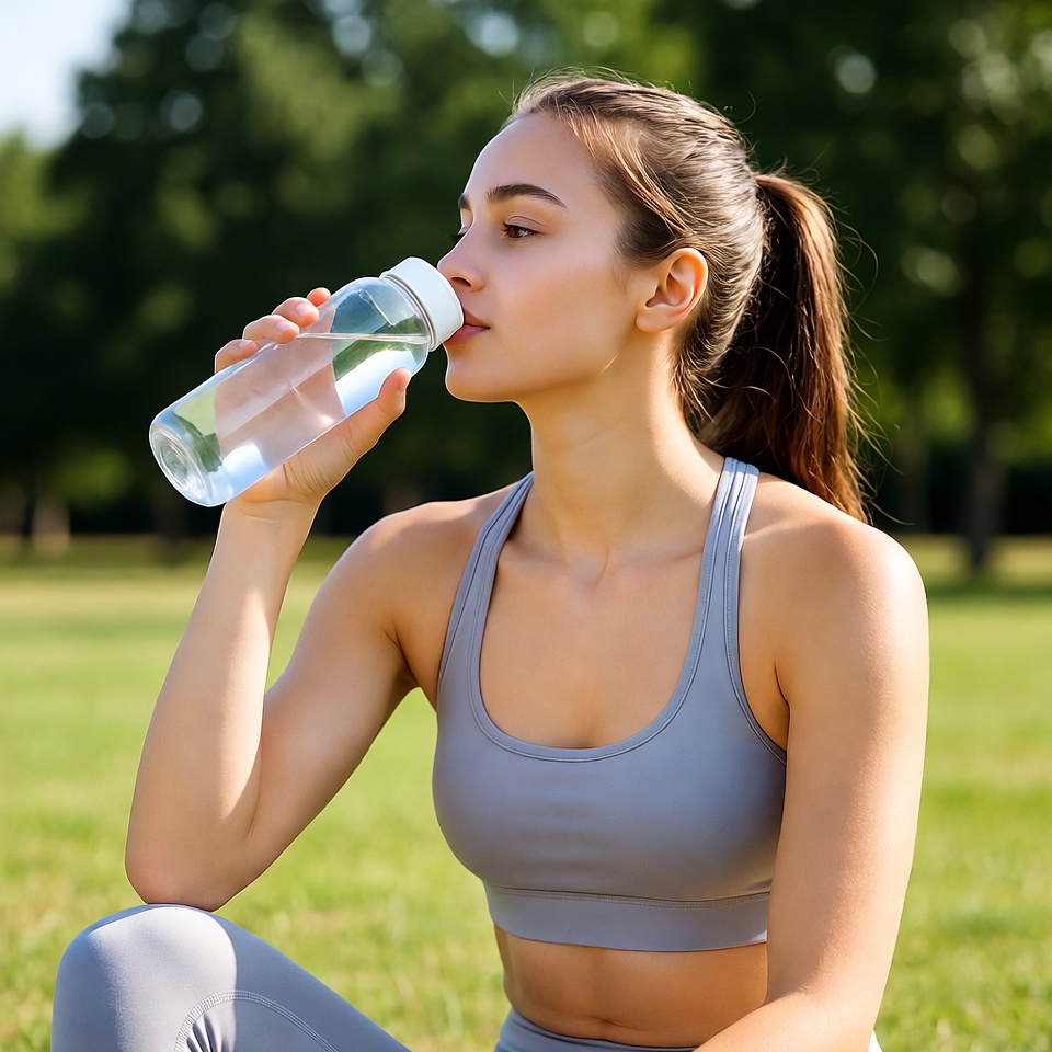 Woman drinking water during outdoor activity Woman drinking water during outdoor activity