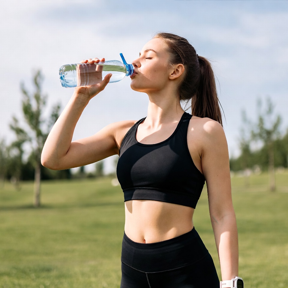 Woman drinking water outdoors during exercise Woman drinking water outdoors during exercise