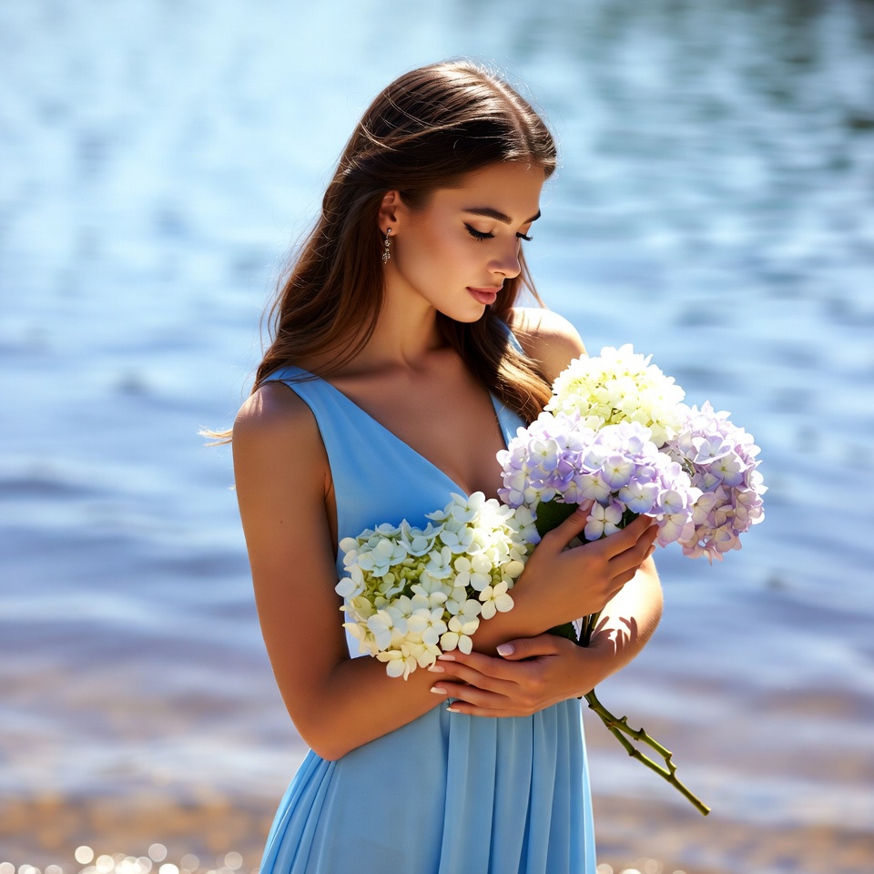 Woman with flowers by the water Woman with flowers by the water