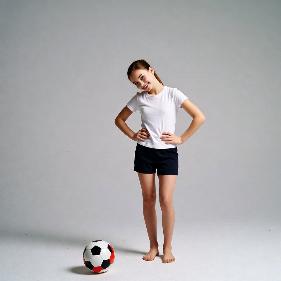 Girl stands next to a soccer ball Girl stands next to a soccer ball
