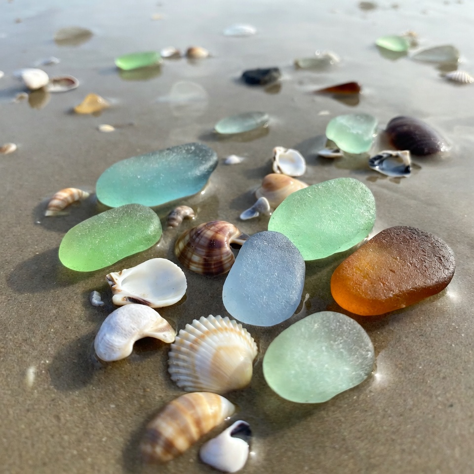 Colorful sea glass and shells on beach Colorful sea glass and shells on beach