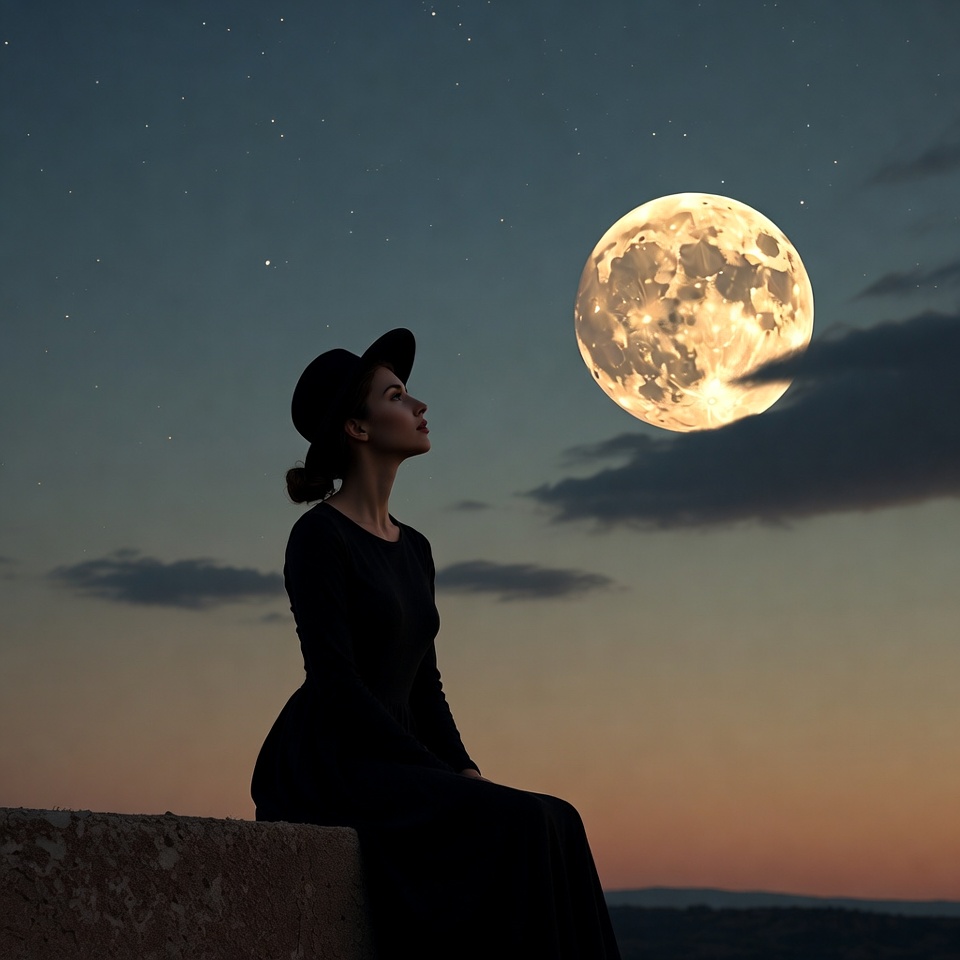 Woman watching the moon at dusk Woman watching the moon at dusk