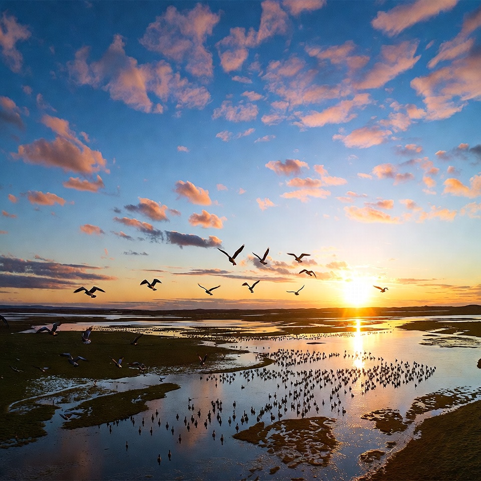 Sunset over water with birds flying Sunset over water with birds flying