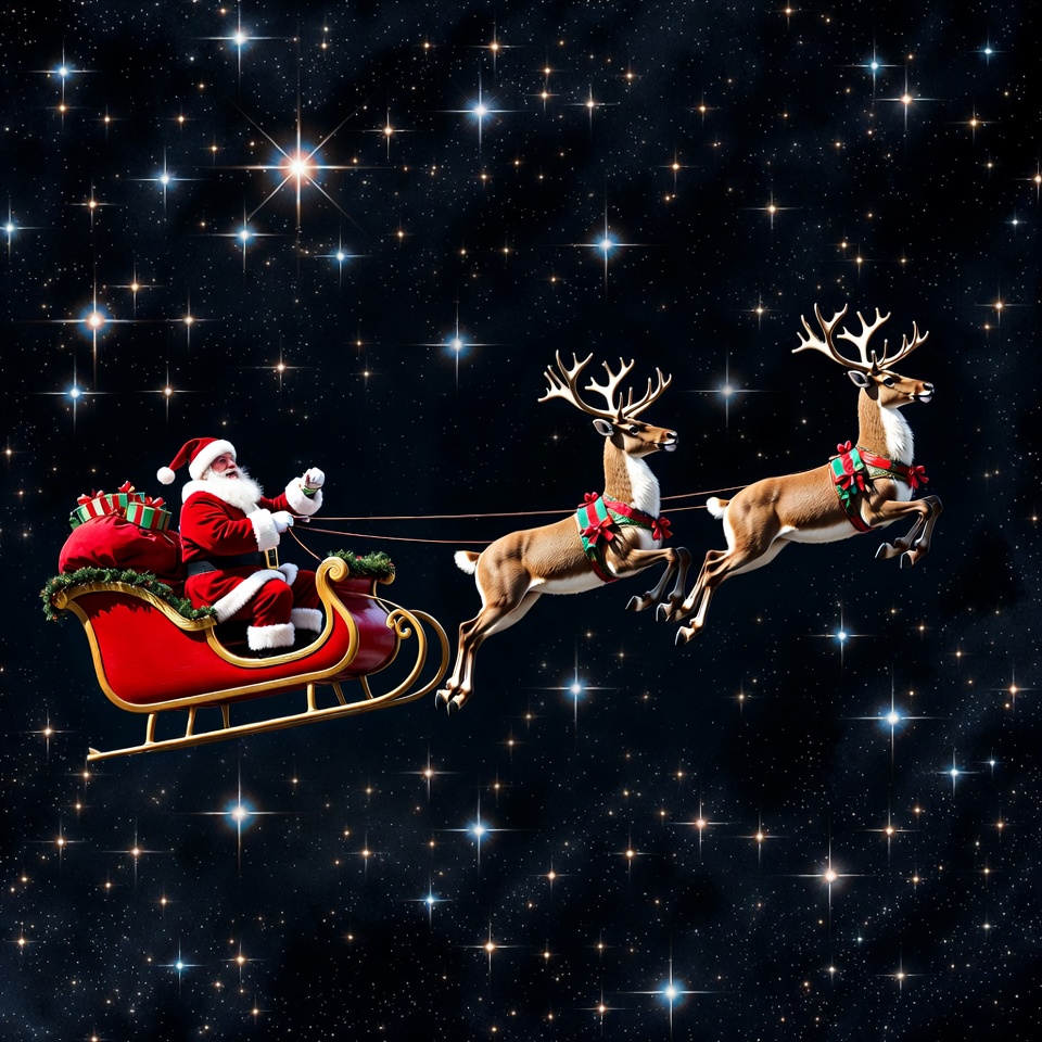 Santa flies through starry night Santa flies through starry night