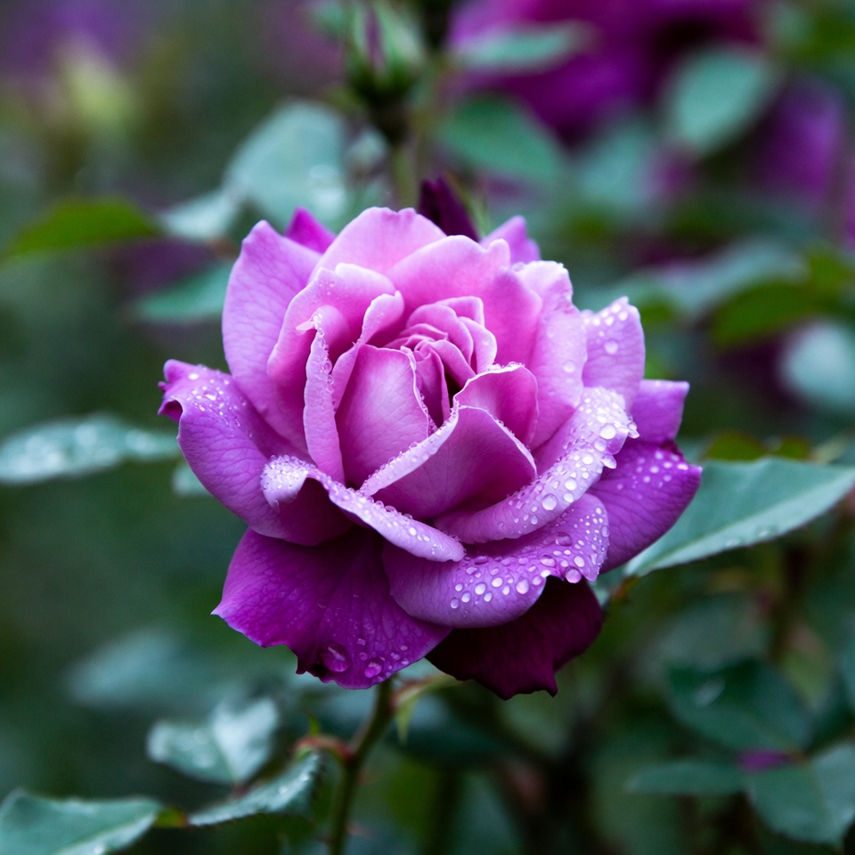 Purple rose with dew in garden Purple rose with dew in garden