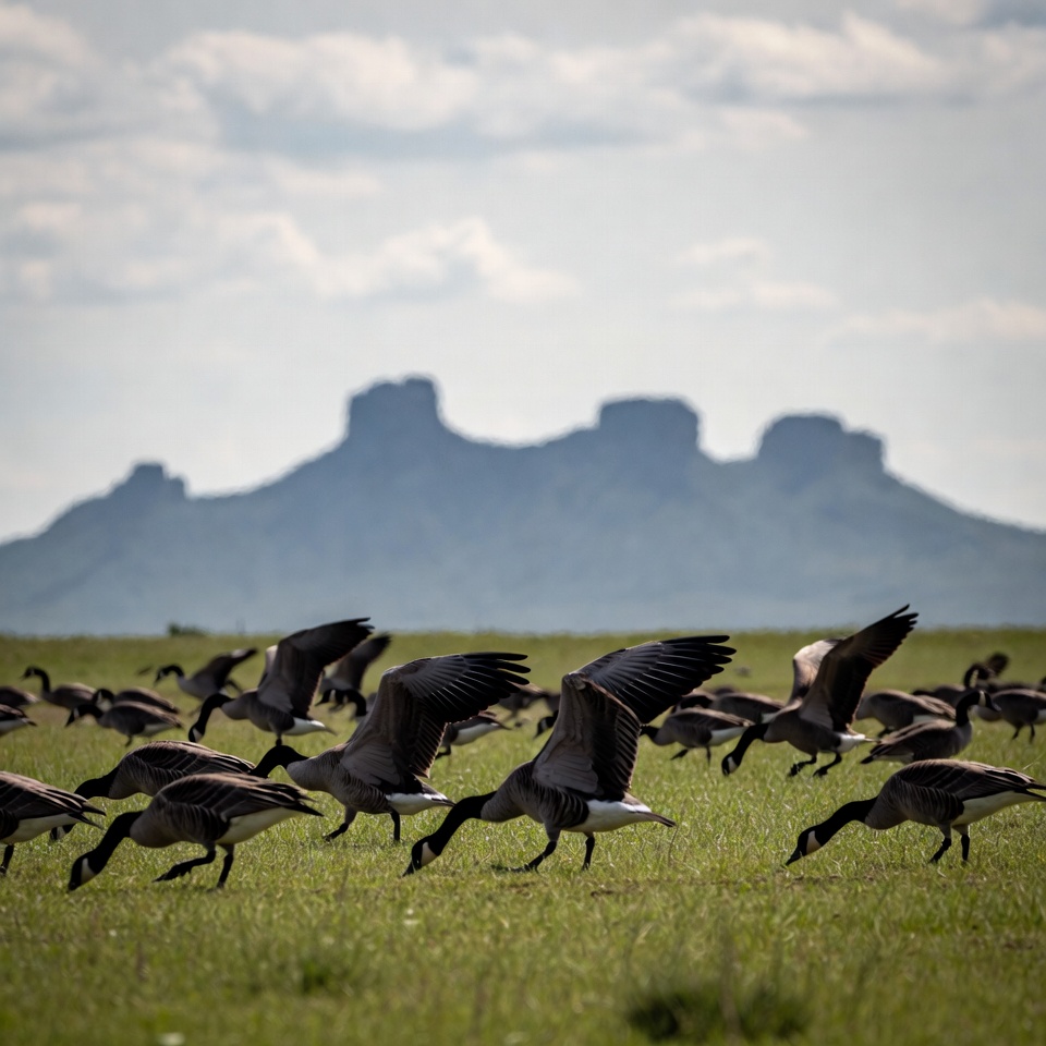 Birds flying in open field near mountains Birds flying in open field near mountains