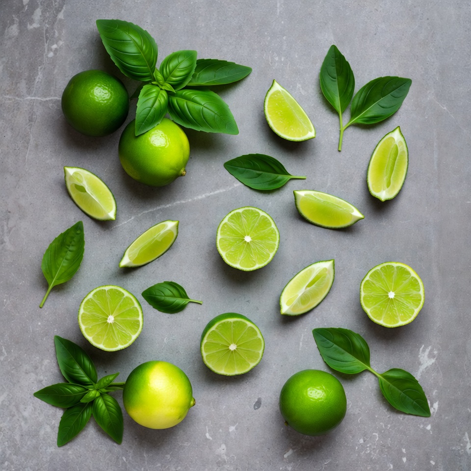 Limes and basil on table Limes and basil on table