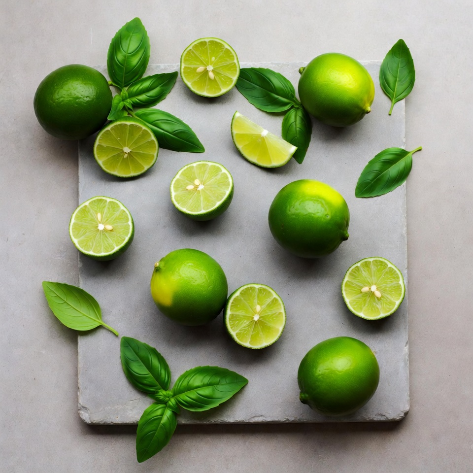 Limes and basil on a gray surface Limes and basil on a gray surface
