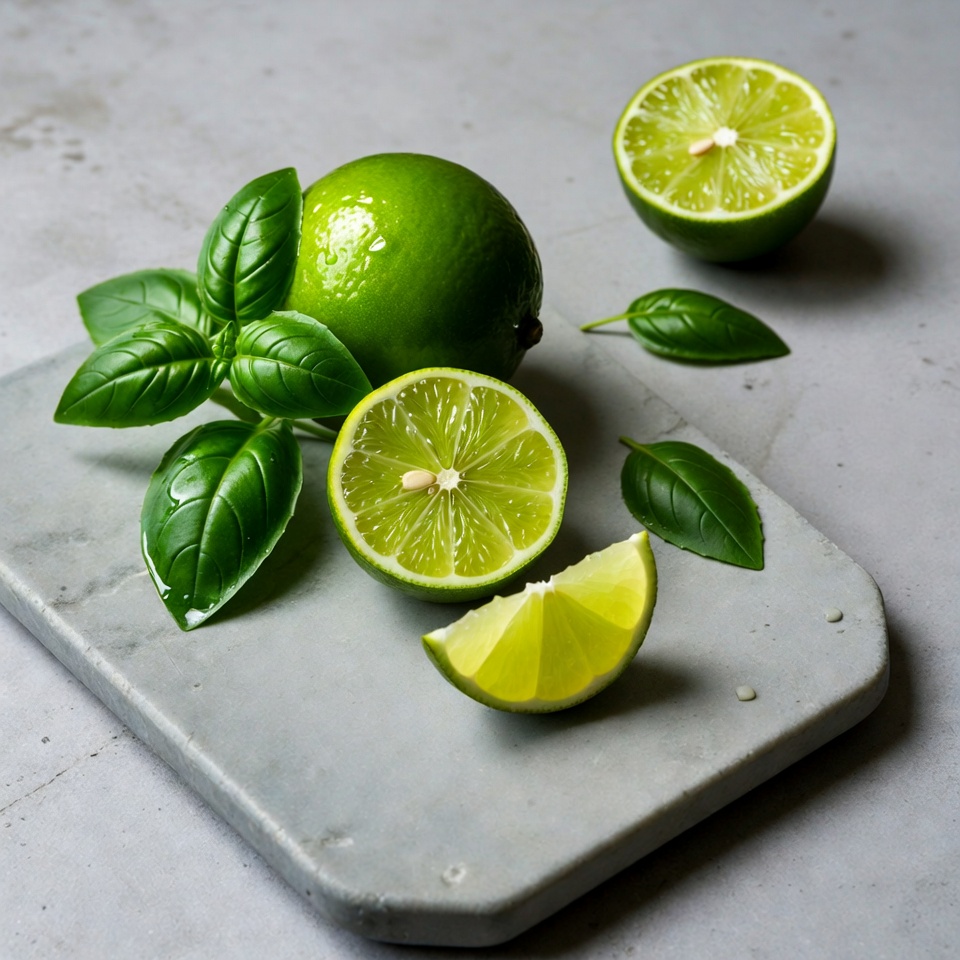 Lime and basil on gray surface Lime and basil on gray surface
