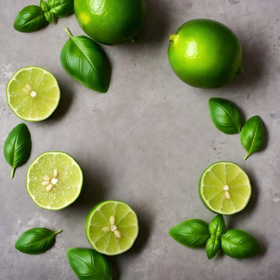 Fresh limes and basil leaves arrangement Fresh limes and basil leaves arrangement