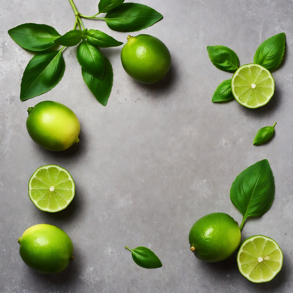 Fresh limes and basil leaves on gray surface Fresh limes and basil leaves on gray surface