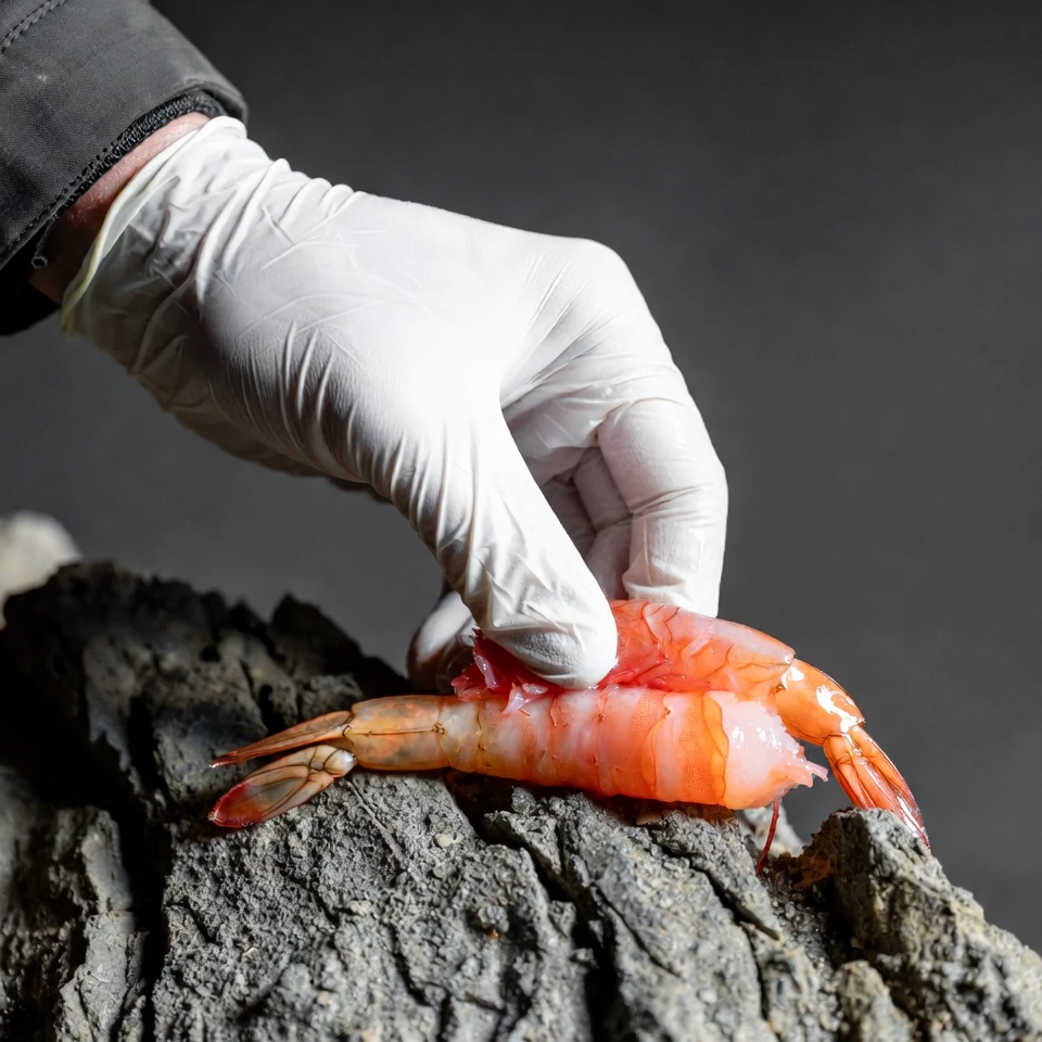 Hand holding shrimp on rock Hand holding shrimp on rock