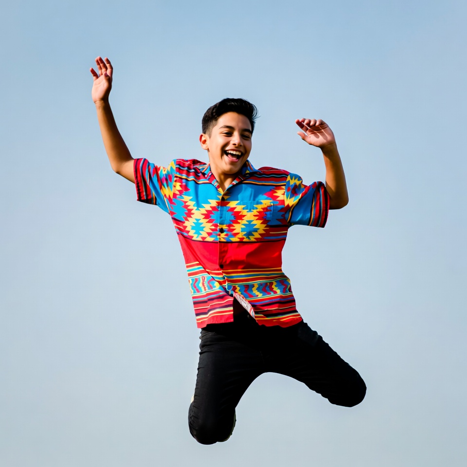 Boy jumping in bright shirt outdoors Boy jumping in bright shirt outdoors