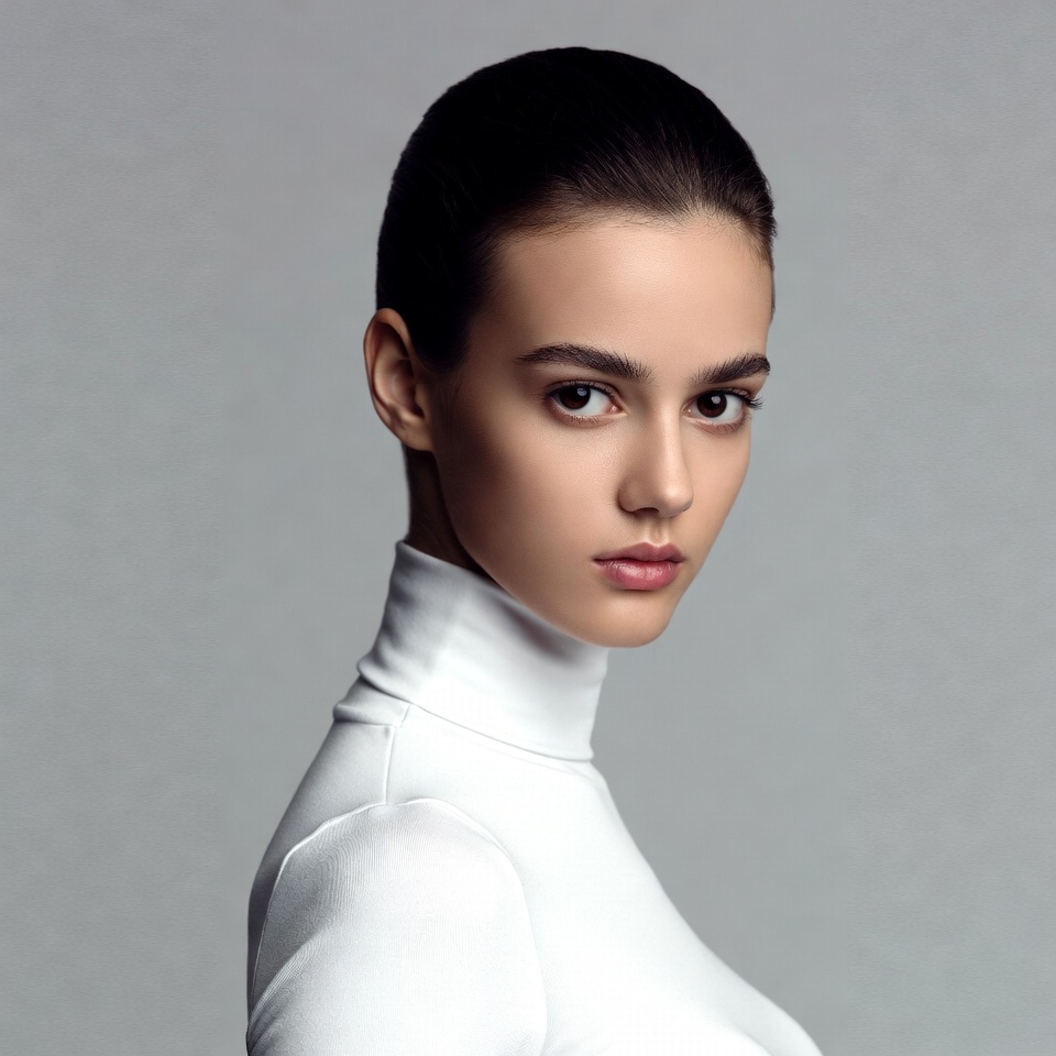 Model in white turtleneck poses for portrait Model in white turtleneck poses for portrait