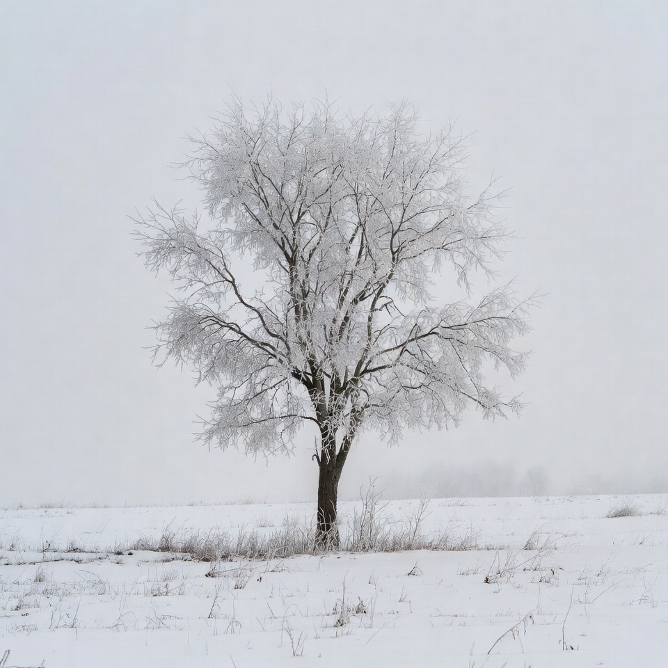 Frost covered tree stands alone in winter Frost covered tree stands alone in winter