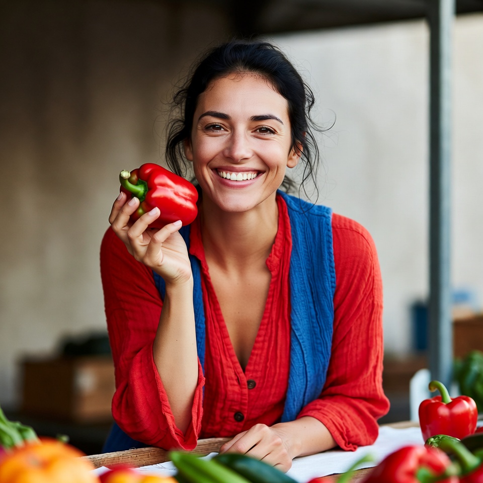 Woman holding a red pepper in market Woman holding a red pepper in market