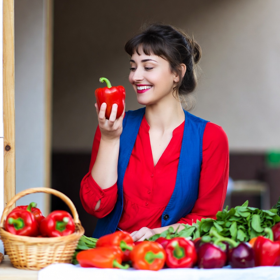 Woman at market holding red pepper Woman at market holding red pepper