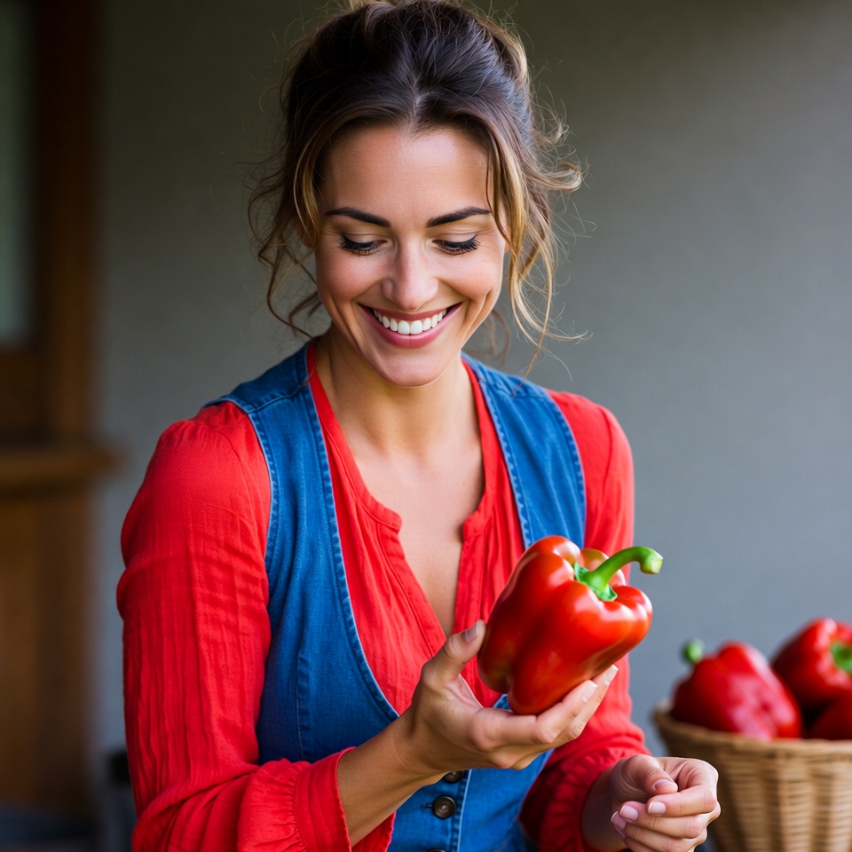 Smiling woman holding red pepper Smiling woman holding red pepper