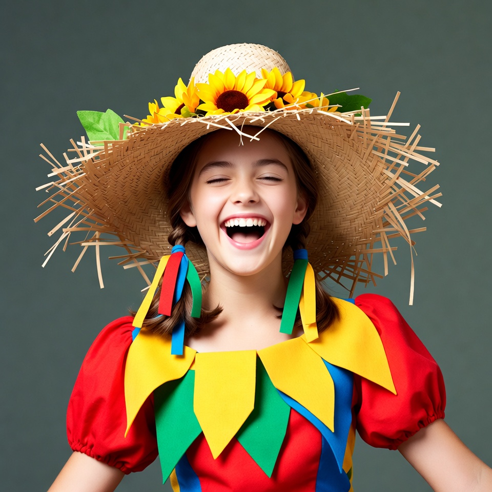 Girl wearing straw hat with sunflowers Girl wearing straw hat with sunflowers