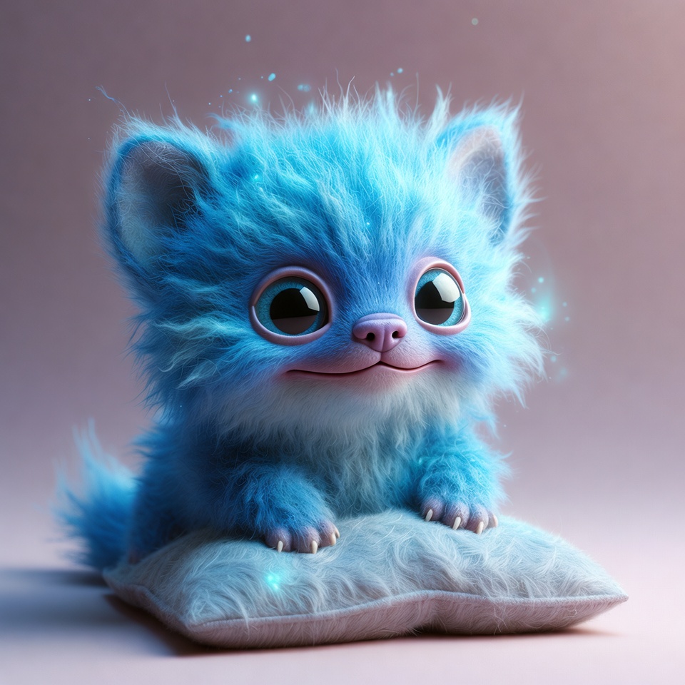 Blue furry creature sitting on pillow Blue furry creature sitting on pillow