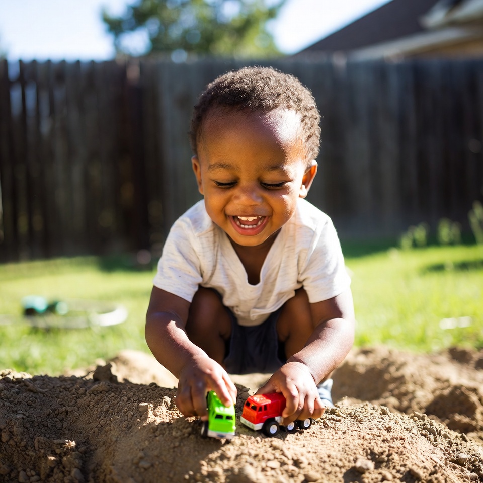 Child playing with toy trucks outside Child playing with toy trucks outside