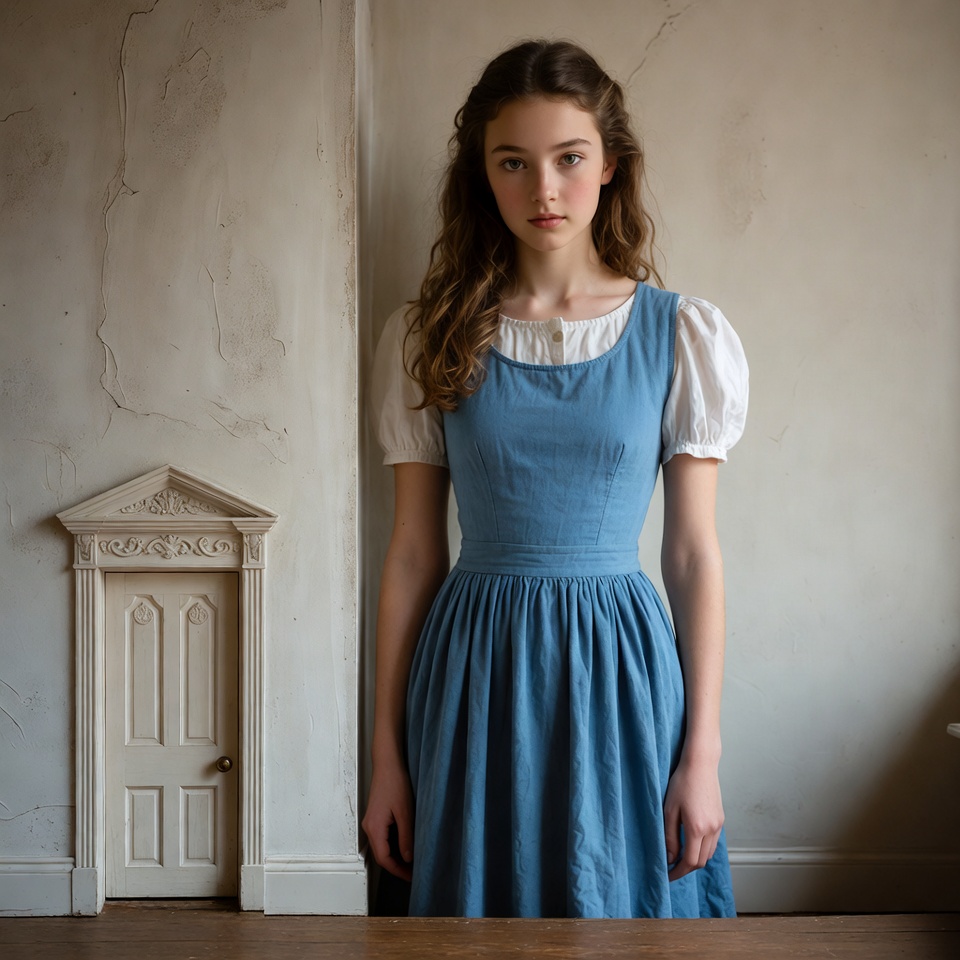 Girl in blue dress by small door Girl in blue dress by small door