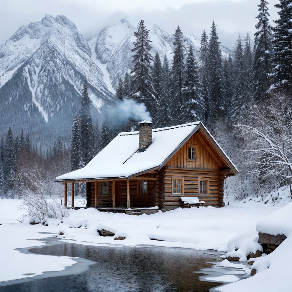 Log cabin in snowy mountain landscape Log cabin in snowy mountain landscape