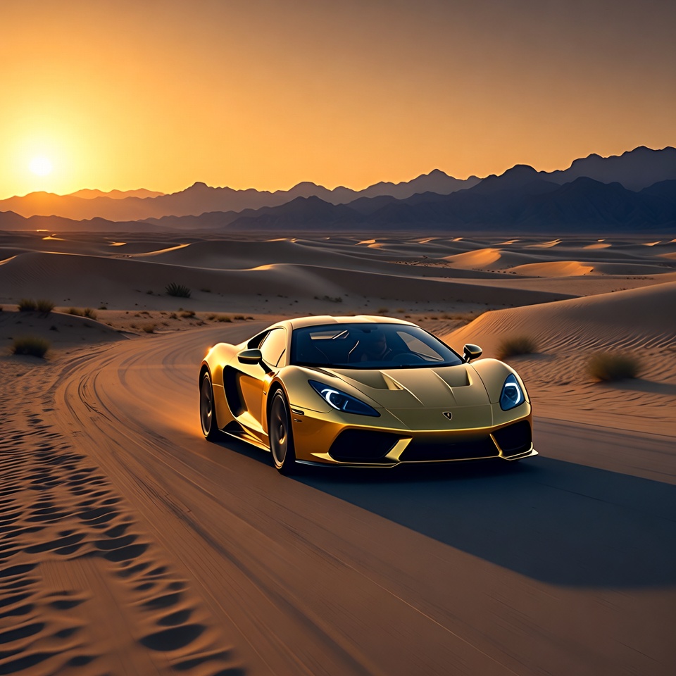 Sports car driving in desert sunset Sports car driving in desert sunset