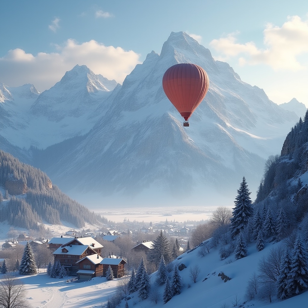 Hot air balloon over snowy mountains Hot air balloon over snowy mountains