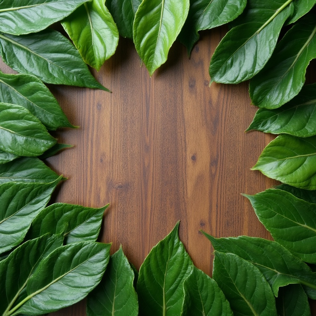 Green leaves on wooden surface Green leaves on wooden surface