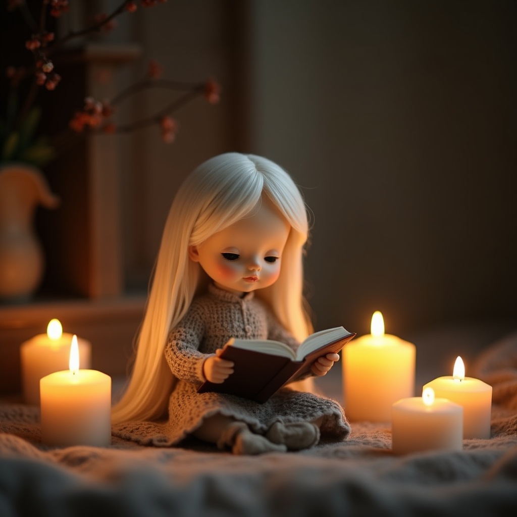 Doll reading by candlelight at night Doll reading by candlelight at night