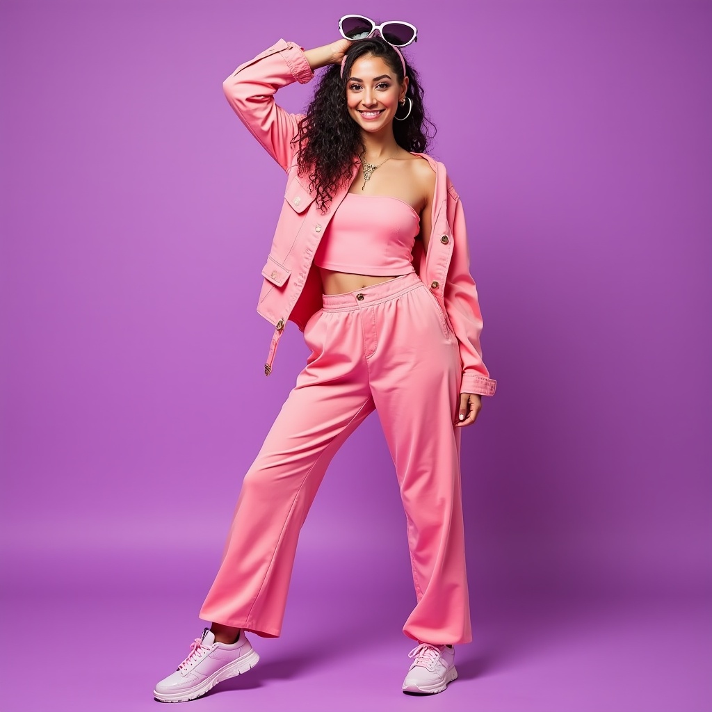 Bright pink outfit on model in studio Bright pink outfit on model in studio